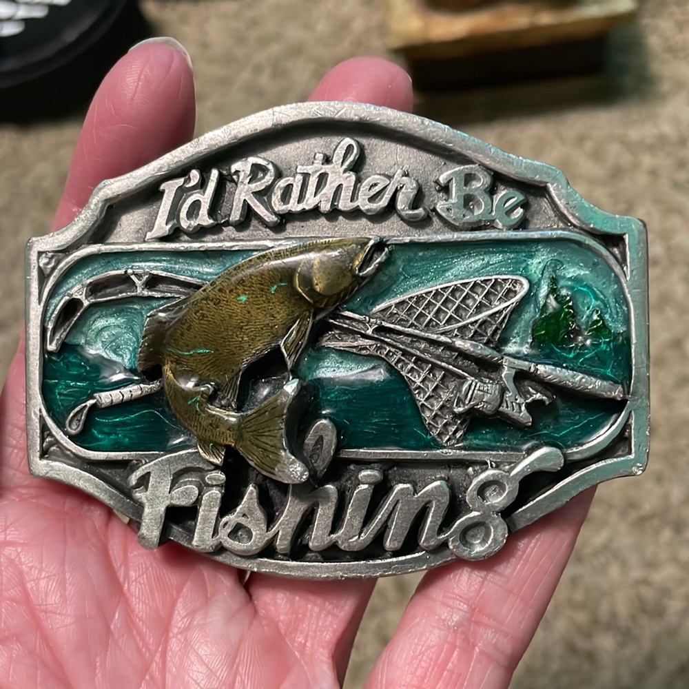 Vintage 1989 arroyo grande company enamel pewter I’d Rather Be Fishing buckle